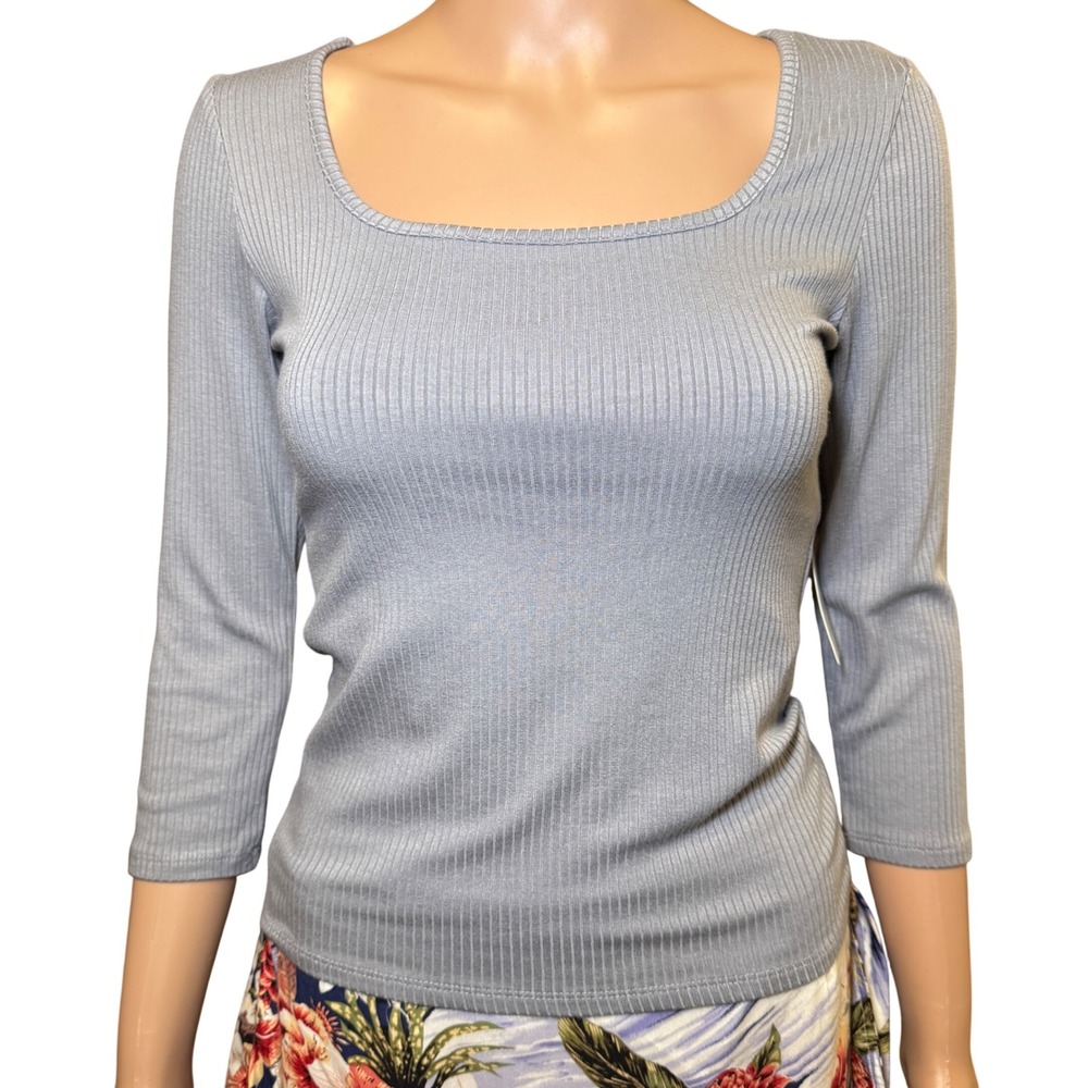 Cyrus Essentials Womens Grey Ribbed Square Neck 3/4 Sleeve‎ Top XS